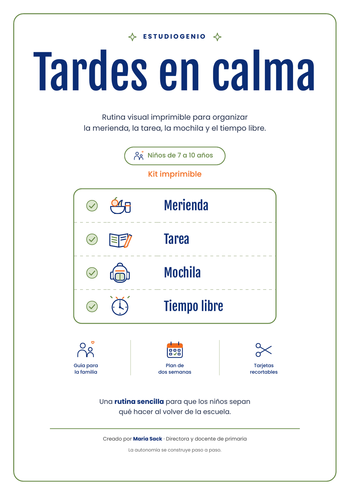 Tardes en calma: rutina visual imprimible para la tarea y la merienda (7 a 10 años)